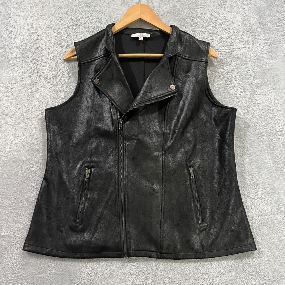 Solitaire by Ravi Khosla Shiny Faux Leather Moto Zip Jacket Vest XL Grunge Goth